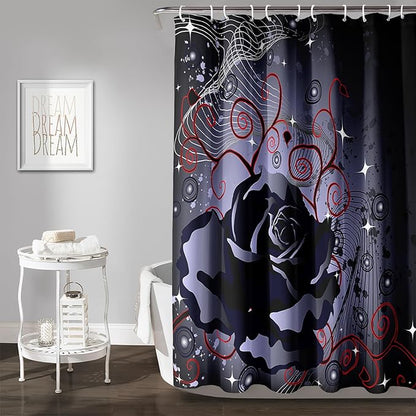 AILONEN Black Rose Shower Curtain for Women,Music Rose Bath Curtain for Bathroom Decor,Red and Black Art Polyester Waterproof for Girls with 12 Plastic Hooks,72" W*72" H Black