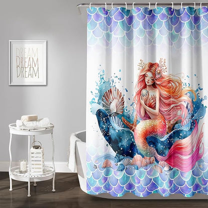 AILONEN Mermaid Shower Curtain,Watercolor Whale and Mermaid Bath Curtain,Beautiful Mermaid Princess Shower Curtain Ocean Fish Scale Print Curtain Waterproof with 12 Plastic Hooks, 72" W*72" H