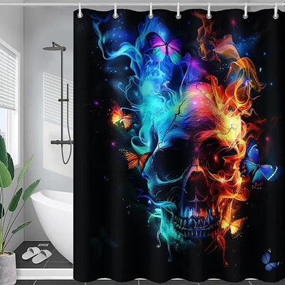 AILONEN Sugar Skull Shower Curtain for Bathroom,Blue and Red Smoky Skull Bath Curtain Decoration,Starry Butterfly Skull Skeleton Print Waterproof Shower Curtain with 12 Plastic Hooks, 72" W*84" H