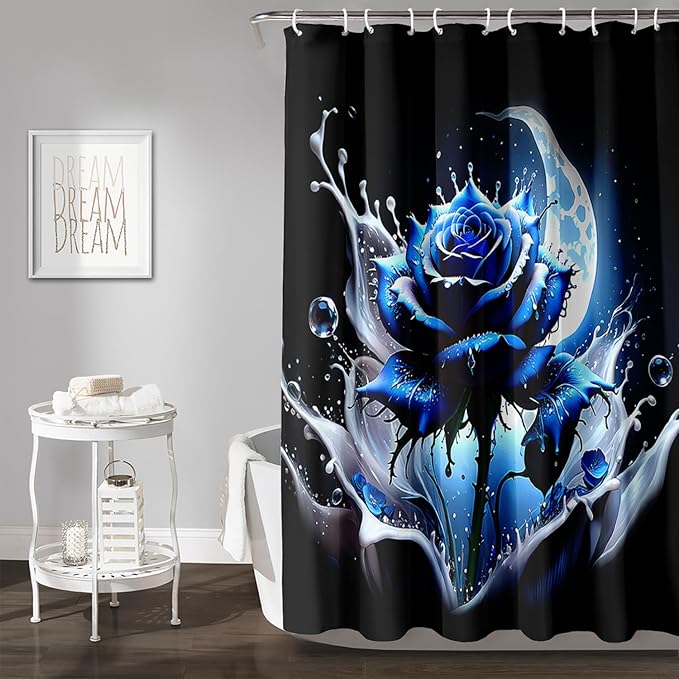 AILONEN 3D Rose Shower Curtain for Bathroom, Evening Moon Blue Rose Bath Curtain for Girls Women, Modern Floral Print Minimalism Shower Curtain Waterproof with 12 Plastic Hooks 36" W*72" H