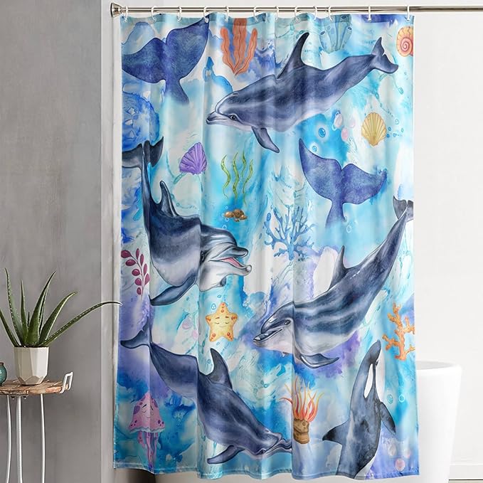 AILONEN Cute Cartoon Whale Shower Curtain,Kawaii Marine Animal Whale Bathroom Curtain for Kids Girls Boys,Blue Tie Dye Bath Curtain Set,Seaweed Fabric Shower Curtains for Bathroom, 72" W*78" H