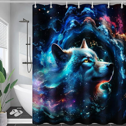 AILONEN 3D Wolf Shower Curtain for Bathroom,Blue Space Galaxy Starry Clouds Wolf Printed Bath Curtain,Boys Teen Kids Wild Animal Wolf Decoration Shower Curtain Waterproof 72" W*96" H