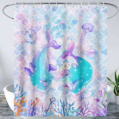 AILONEN Cute Dolphin Shower Curtain,Kawaii Ocean Dolphin Bathroom Curtain for Kids Girls Women,Cartoon Fish Scale Mermaid Bath Curtain 60" W*72" H Polyester Waterproof Shower Curtain with 12 Hooks