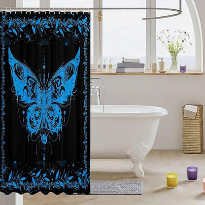 Feelyou Boho Blue Butterfly Bathroom Waterproof Accessories with 12 Hooks Bohemian Moth Shower Curtain for Kids Boys Girls Moon Galaxy Fabric Shower Curtain Black and Blue Curtains,72X78 Inches