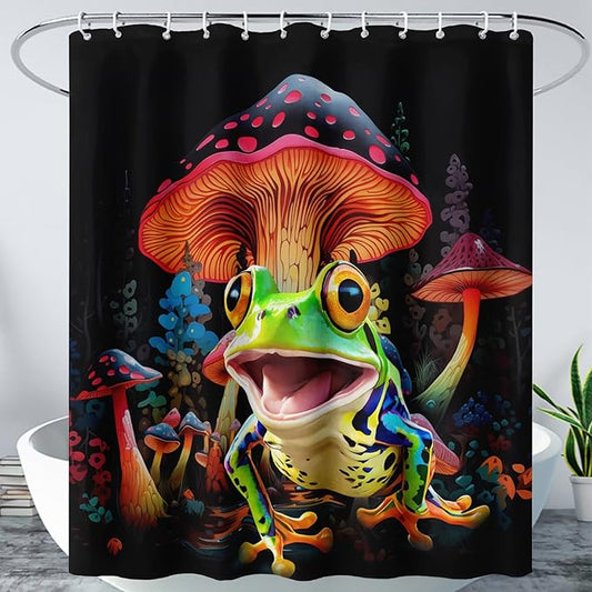 AILONEN Cartoon Tree Frog Shower Curtain,Magic Mushroom Shower Curtain Set for Bathroom for Kids Girls,Boho Style Waterproof Bath Curtain,Tropical Amphibian Bathroom Curtain with Hooks, 72" W*72" H