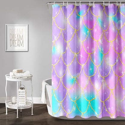 AILONEN Mermaid Scale Shower Curtain,Purple Mermaid Scale Bath Curtain for Girls Bathroom,Polyester Waterproof for Shower with 12 Plastic Hooks 72" W*72" H