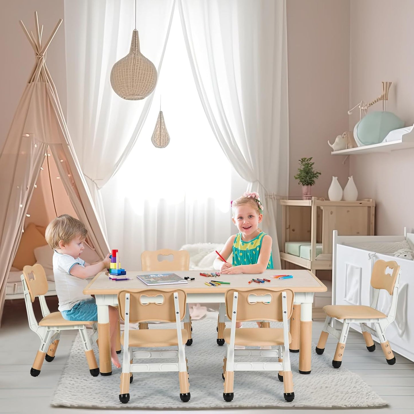 Kids Table and 6 Chairs Set, Height Adjustable Graffiti Desk, Preschool Activity Art Craft Table, for Daycare Classroom Home Boys and Girls Age 3-12 (Beige)