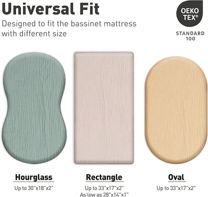 Muslin Bassinet Sheets 2 Pack for Baby Boy and Girl, Breathable Elastic Cozy Fitted Cotton Bassinet Mattress Sheet, Universal Fit for Hourglass Oval and Rectangle Bassinet Mattress (Elegant Colors)