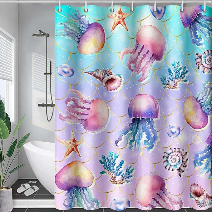 AILONEN Ocean Jellyfish Shower Curtain for Bathroom, Cute Jellyfish Mermaid Printed Bathroom Curtain,Girls Women Kids Coral Bath Curtain 36"W*72"H Polyester Waterproof Bathroom Curtain With 12 Hooks