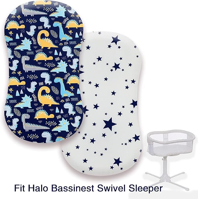 Premium Cotton Bassinet Sheets, Fit for Halo Bassinest Swivel Sleeper, 2 Pack Hourglass Bassinet Mattress Sheet Set for Baby Boys, Soft Breathable Safe, Dinosaur & Stars