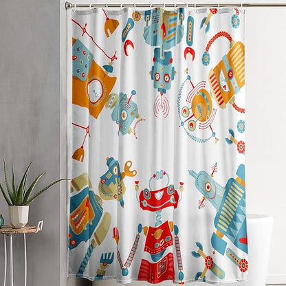 AILONEN Kawaii Robots Shower Curtain,Cartoon Robot Waterproof Fabric Shower Curtain Set for Boys Teens Kids, 36" W*72" H Watercolor Robot Bathroom Decors