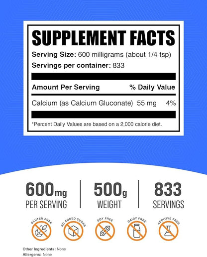 BulkSupplements.com Calcium Gluconate Powder - Calcium Powder Supplement, Calcium Gluconate Supplement - Gluten Free, 600mg (55mg Calcium) per Serving, 500g (1.1 lbs) (Pack of 1)