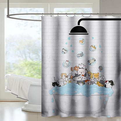AILONEN Cute Cats Shower Curtain Raining for Kids 36" W*72" H Inch,Kawaii Hilarious Pet Playing Water Shower Curtain,12 Pack Hooks Polyester Waterproof Fabric Decor for Bathroom Bathtub Panels
