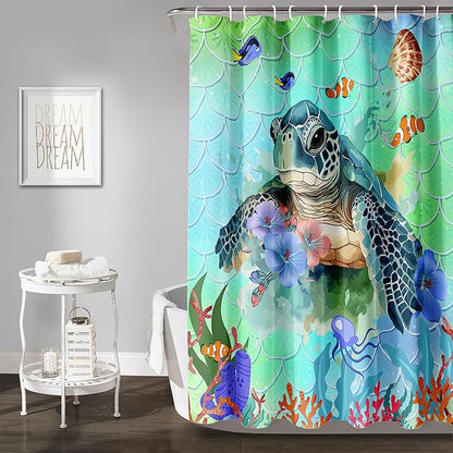 AILONEN Cartoon Sea Turtle Shower Curtain,Kawaii Sea Animal Bathroom Curtains for Kids,Girls,Watercolor Green Ocean Theme Shower Curtains Set with Hooks for Bathroom,36" W*72" H