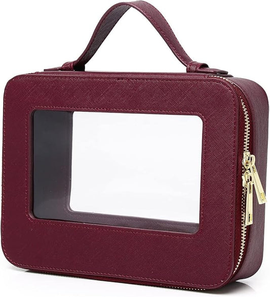 Clear Makeup Bag for Women Waterproof Travel Makeup Case Portable Cosmetic Case Toiletry Bag Car Organizer with Zipper (X/Burgundy, L)