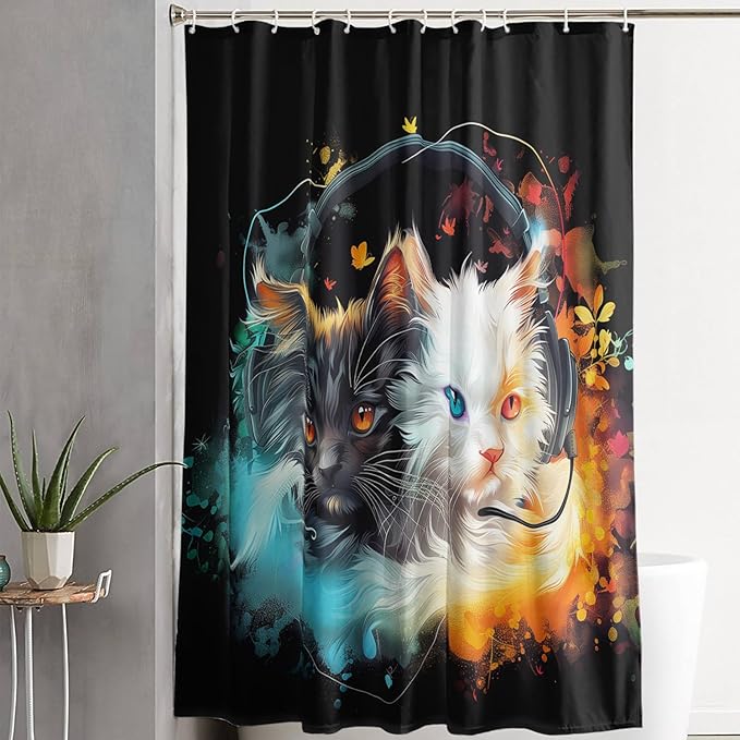 AILONEN Cute Cat Shower Curtain Set, Black White Cat Waterproof Fabric Shower Curtain for Kids Boys Girls,Headphones Kitty Shower Curtain for Bathroom with Hooks,72" W*72" H