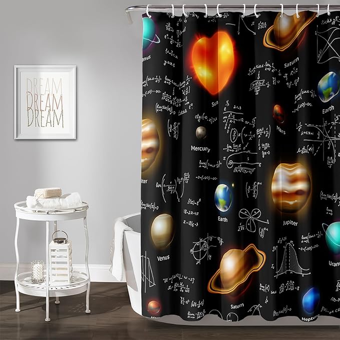AILONEN Solar System Shower Curtain,Math Galaxy Planet Bath Curtain for Bathroom Decor,Polyester Waterproof with 12 Plastic Hooks 72" W*78" H