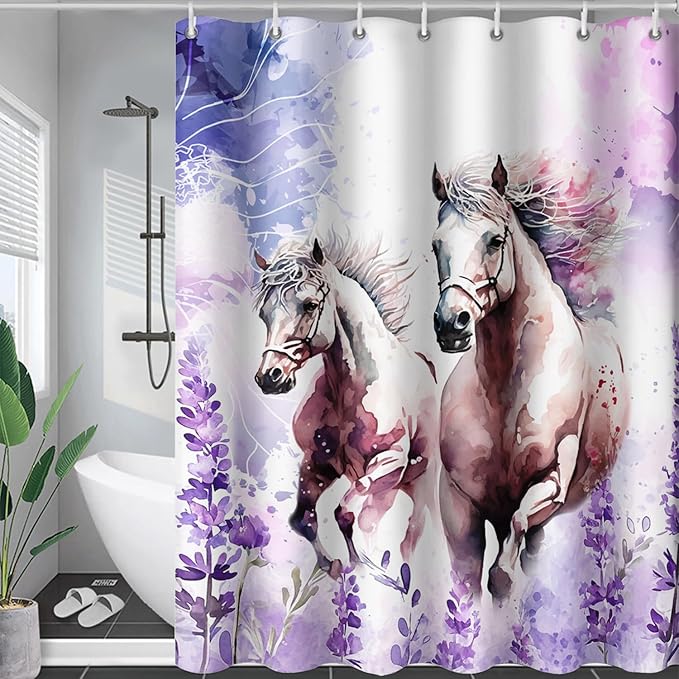 AILONEN Watercolor Flower Horse Shower Curtain,Galloping Horse Bath Curtain,Purple Lavender Horse Decoration Bathroom Curtain with 12 Plastic Hooks,Waterproof 48" W*72" H