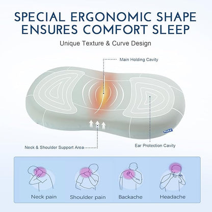 Cooling Memory Foam Cervical Pillow, Orthopedic Neck Support Pillow for Back Pain Relief, Ergonomic Design for Side/Back/Stomach Sleepers, Easy Cleaning Set (Pillowcases × 2)