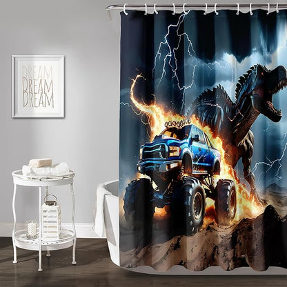 AILONEN Boys Dinosaur Shower Curtain, Monster Truck Bath Curtain,Lightning Roaring Dinosaur Kids Shower Curtain,Waterproof Curtain Bathroom 60" W*72" H Decor with 12 Plastic Hooks