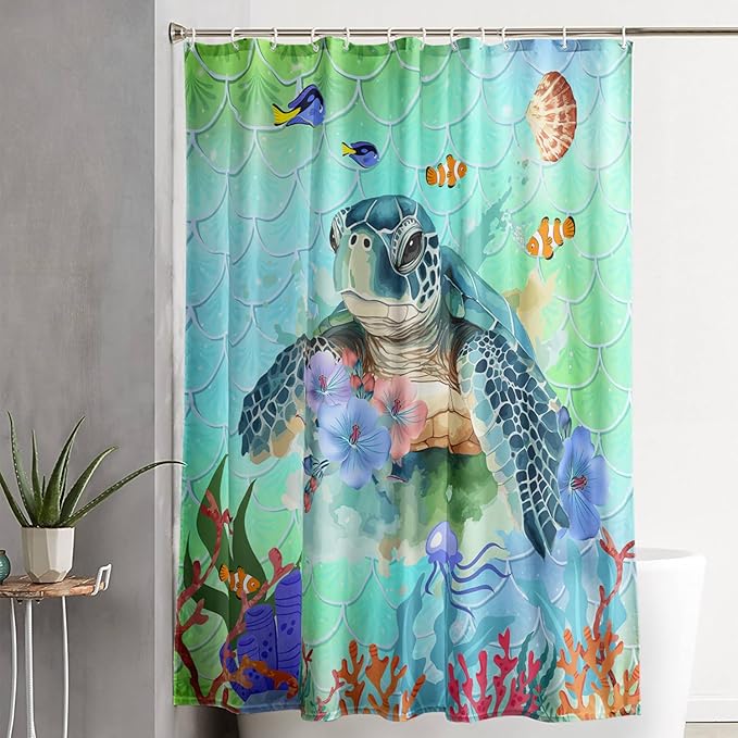 AILONEN Cartoon Sea Turtle Shower Curtain,Kawaii Sea Animal Bathroom Curtains for Kids,Girls,Watercolor Green Ocean Theme Shower Curtains Set with Hooks for Bathroom,36" W*72" H