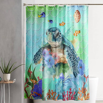 AILONEN Cartoon Sea Turtle Shower Curtain,Kawaii Sea Animal Bathroom Curtains for Kids,Girls,Watercolor Green Ocean Theme Shower Curtains Set with Hooks for Bathroom,36" W*72" H