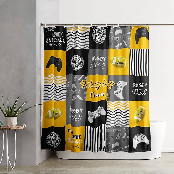 AILONEN Gaming Shower Curtain,Orangish Ball Sports Bathroom Shower Curtain for Boys Kids Teens, 60" W*72" H Gaming Gamer Theme Shower Curtain Sets for Bathroom