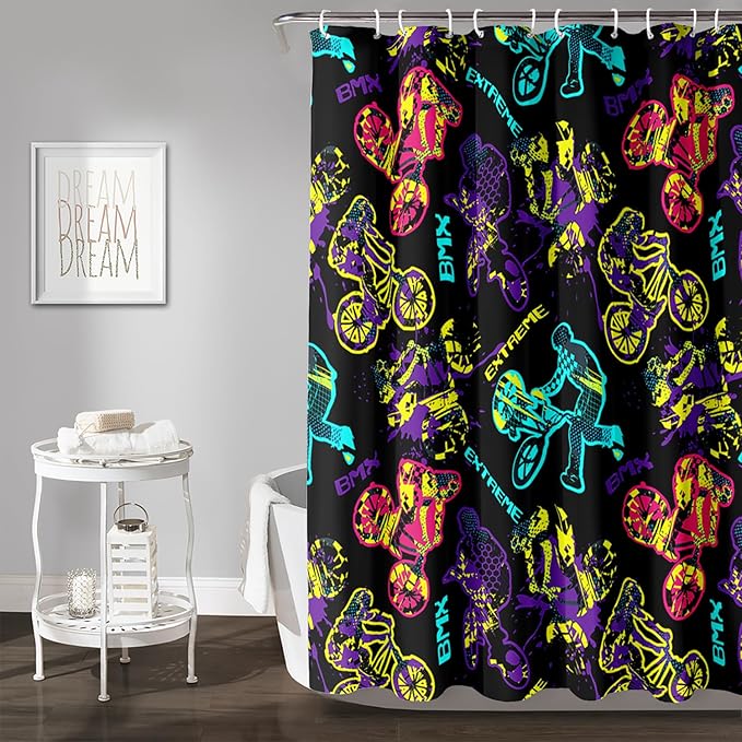 AILONEN Motocross Shower Curtain,Motorcycle Racer Bath Curtain,Extreme Sports Decoration,Colorful Graffiti Dirt Bike Shower Curtain for Kids Boys,Black Washable, 72" W x 72" H