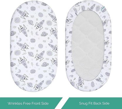 TansyPanda Bassinet Sheets for Baby Delight Snuggle Nest, Chicco LullaGo, Fisher-Price Soothing, SNOO Smart, 3PC, 18 x 30 Inch, Ultra Soft, Breathable, Snug Fit, Unisex Boys, Girls (Space Rockets)