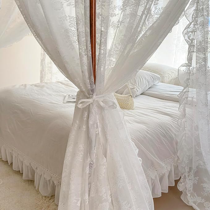 Mengersi Canopy Bed Curtains with Tie Backs,Bed Canopy Curtains Bed Drapes Sheer Curtains for Bedroom Decor（Twin,White