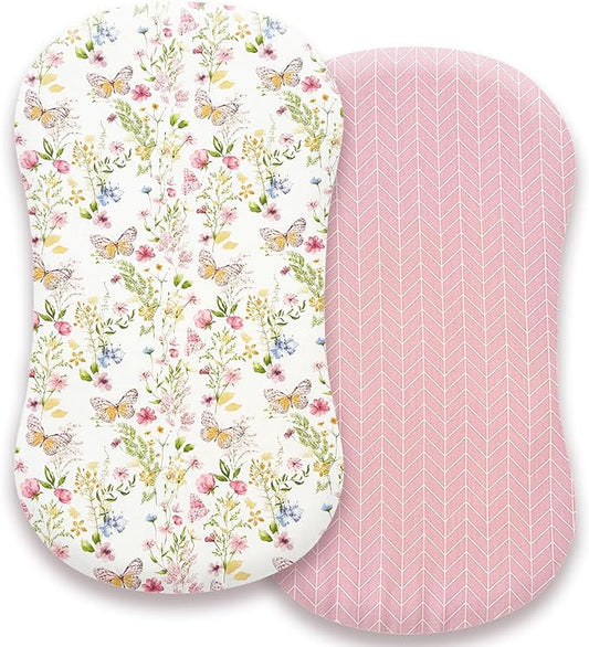 Premium Cotton Bassinet Sheets, Fit for Halo Bassinest Swivel Sleeper, 2 Pack Hourglass Bassinet Mattress Sheet Set for Baby Girls, Soft Breathable Safe, Butterfly and Floral