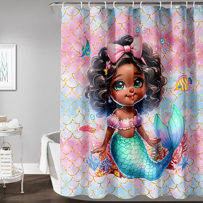 AILONEN Mermaid Shower Curtain,Cute Black Girls Mermaid Bath Curtain for Kids Girls,Ocean Fish Pink Mermaid Scale Print Shower Curtain for Bathroom Decor Waterproof with 12 Plastic Hooks, 72" W*78" H