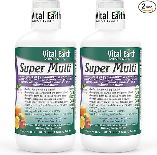 Vital Earth Minerals Super Multi 2-Pack – Liquid Multivitamins for Women, Men & Kids, Liquid Vitamins with Fulvic Acid for Better Absorption, MTHFR Support, 32 Oz Ea + 1 Oz Cup