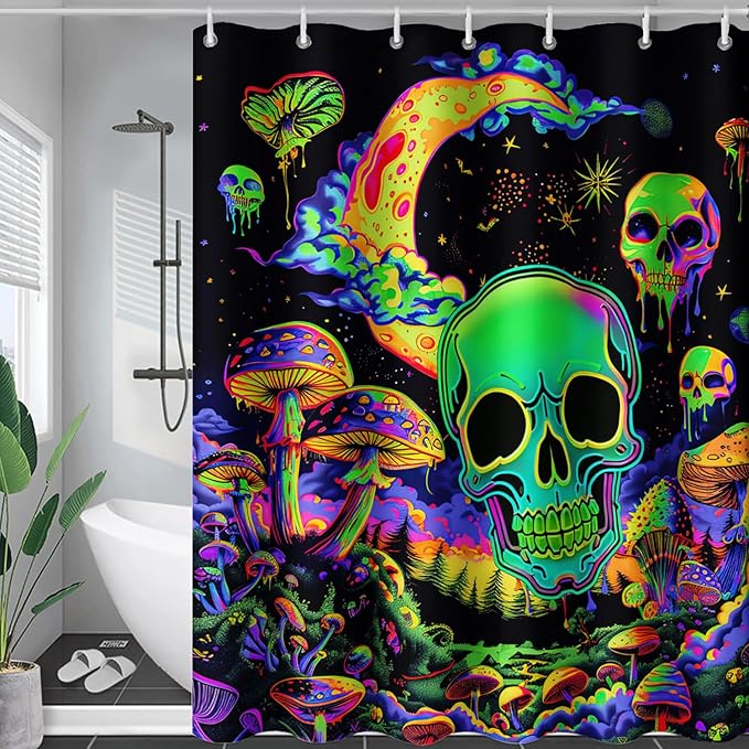 AILONEN Mushroom Skull Shower Curtain for Bathroom, Green Starry Moon Skull Bath Curtain,Fantasy Fungus Skeleton Decor Bathroom Waterproof Curtain with 12 Plastic Hooks, 48" W*72" H