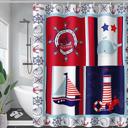 AILONEN Ocean Voyage Shower Curtain 72" W*78" H Coast Whale Lighthouse Rudder Ocean Animal Theme Bathroom Curtain,Teen Men Boys Curtain Polyester Waterproof Seafarer Bathroom Curtain with 12 Hooks