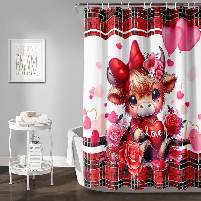 AILONEN Cartoon Yak Shower Curtain Set, Lovely Red Rose Cow Polyester Waterproof Shower Curtain for Bathroom,Love Scottish Tartan Theme Cloth Bath Curtain Set with Hooks,72" Wx78 H