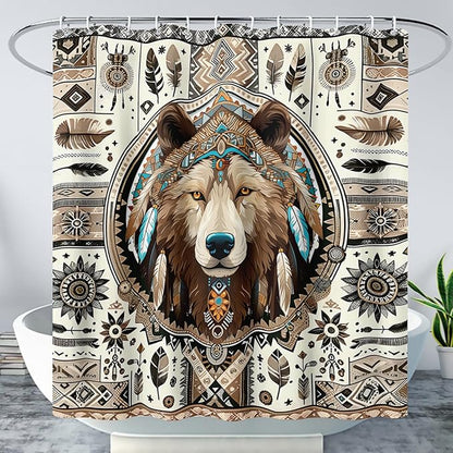 AILONEN Dreamcatcher Wolf Shower Curtain for Bathroom Decor,Retro Boho Wolf Bath Curtain for Kids Boys Girls,Print Polyester Waterproof with 12 Plastic Hooks 72" W*72" H