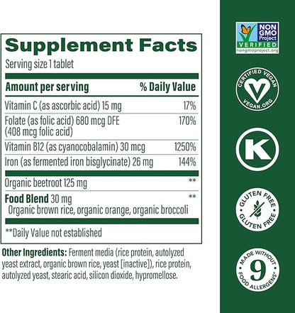 MegaFood Blood Builder - Iron Supplement Clinically Shown to Increase Iron Levels without Side Effects - Iron Supplement for Women with Vitamin C, Vitamin B12 and Folic Acid - Vegan - 60 Tabs