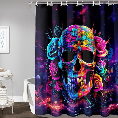 AILONEN Sugar Skull Shower Curtain for Bathroom,Romantic Rose Flower Skull Bath Curtain Decoration,Colorful Skeleton Print Waterproof Purple Curtain with 12 Plastic Hooks, 48" W*72" H