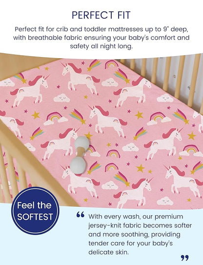 TotAha Premium Stretchy Unicorn Crib Sheets (2-Pack)-Hypoallergenic, Silky Comfort, Buttery Soft, Calming Effect, All-Season Jersey-Knit Sheets, 9'' Extra Deep Pocket