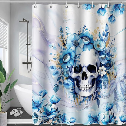 AILONEN Sugar Skull Blue Shower Curtain, Watercolor Floral Skull Octopus Printed Bath Curtain,Bathroom Waterproof Shower Curtain for Boys Girls 72" W x 96" H,with 12 Plastic Hooks