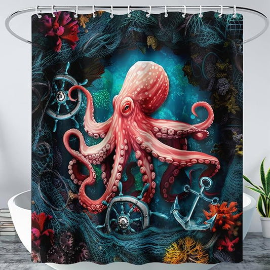 AILONEN Cartoon Red Octopus Shower Curtain for Bathroom,Octopus Tentacles Bath Curtain for Kids,Boys,Girls,Anchor Ocean Animal Theme Waterproof Fabric Shower Curtain Set with Hooks,72" W*72" H