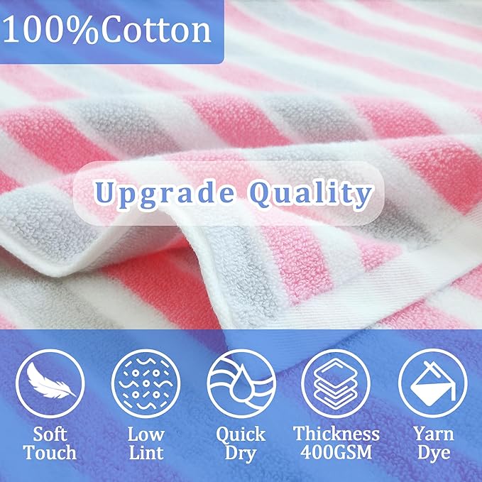 VOOVA & MOVAS Hooded Towels for Kids - 100% Cotton (3-10Years) - Quick Dry Absorbent Lightweight Towel for Pool | Swim | Beach | Bath, Girls Wrap Towel with Hood, Pink Gray Stripe