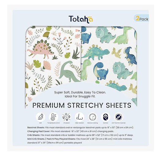 Premium Soft Dinosaur Bassinet Fitted Sheets, TotAha Stretchy Jersey Knit Bassinet Sheets for Baby Boy Girl, Ultra Breathable Bassinet Cover Universal for Oval, Rectangle Hourglass Bassinet Mattress