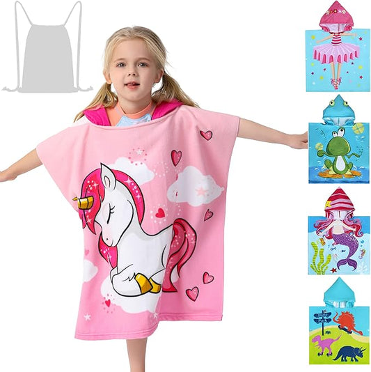 Kids Hooded Poncho Towel for Girls, Toddlers Bath Beach Pool Swim Towels with Hood Cover-ups Swimwear (3D Unicorn with bag)