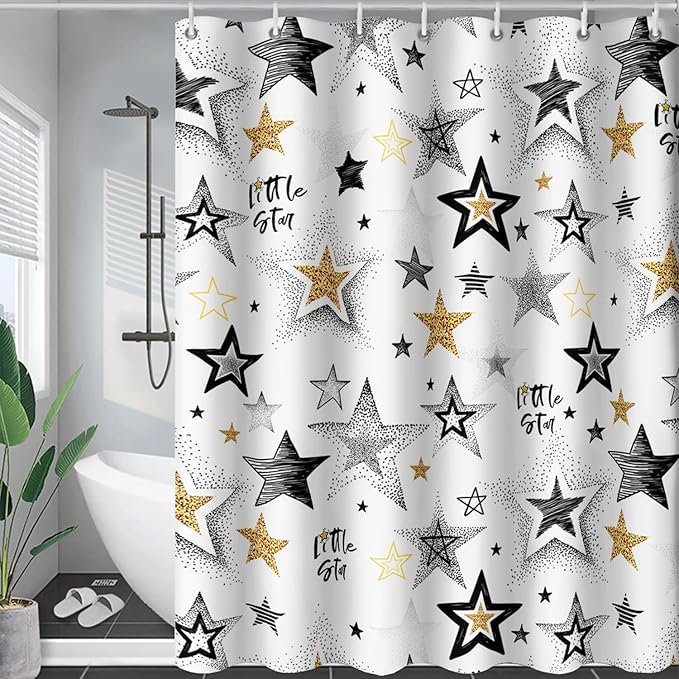 AILONEN Star Shower Curtain, Grey and Gold Tie Dye Star Bathroom Curtain,Minimalist Shower Curtain 48" W*72" H Polyester Waterproof Bathroom Curtain with 12 Hooks
