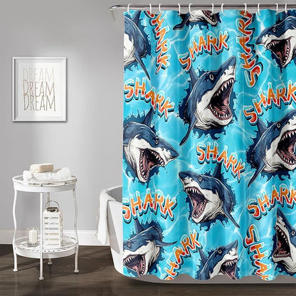AILONEN Blue Shark Shower Curtain,Scream Shark Bath Curtain Gifts for Kids,Ocean Animal Polyester Waterproof with 12 Plastic Hooks, 36" W*72" H Blue