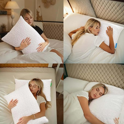 Cooling Pillows for Sleeping, Adjustable Shredded Memory Foam Bed Pillows Queen Size Set of 2, Cool Pillow for Hot Sleepers, with Extra Fill for Side Back and Stomach Sleepers