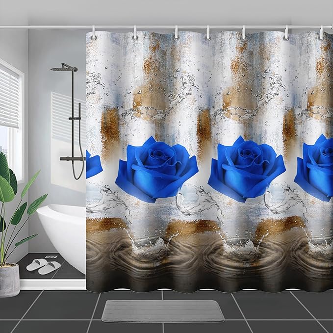 AILONEN Blue Rose Shower Curtain for Girls 3D Rose Water Droplet Retro Bathroom Decor,Modern Rose Flower Couple Lover Women Bath Curtain 48" W*72" H Polyester Waterproof Bathroom Curtain with Hooks