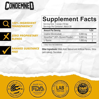 CONDEMNED Labz Locked Down | Creatine Performance Complex | Creatine Monohydrate, Glycerol, Taurine | Enhanced Hydration, Energy & Stamina | 30 Servings (Unflavored)